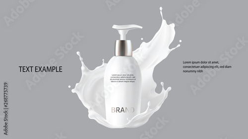 Milk cosmetics realistic vector. Skin care cosmetic product, body lotion in white bottle with silver dispenser and milk splash, crown isolated on gray background. Mock-up promo poster