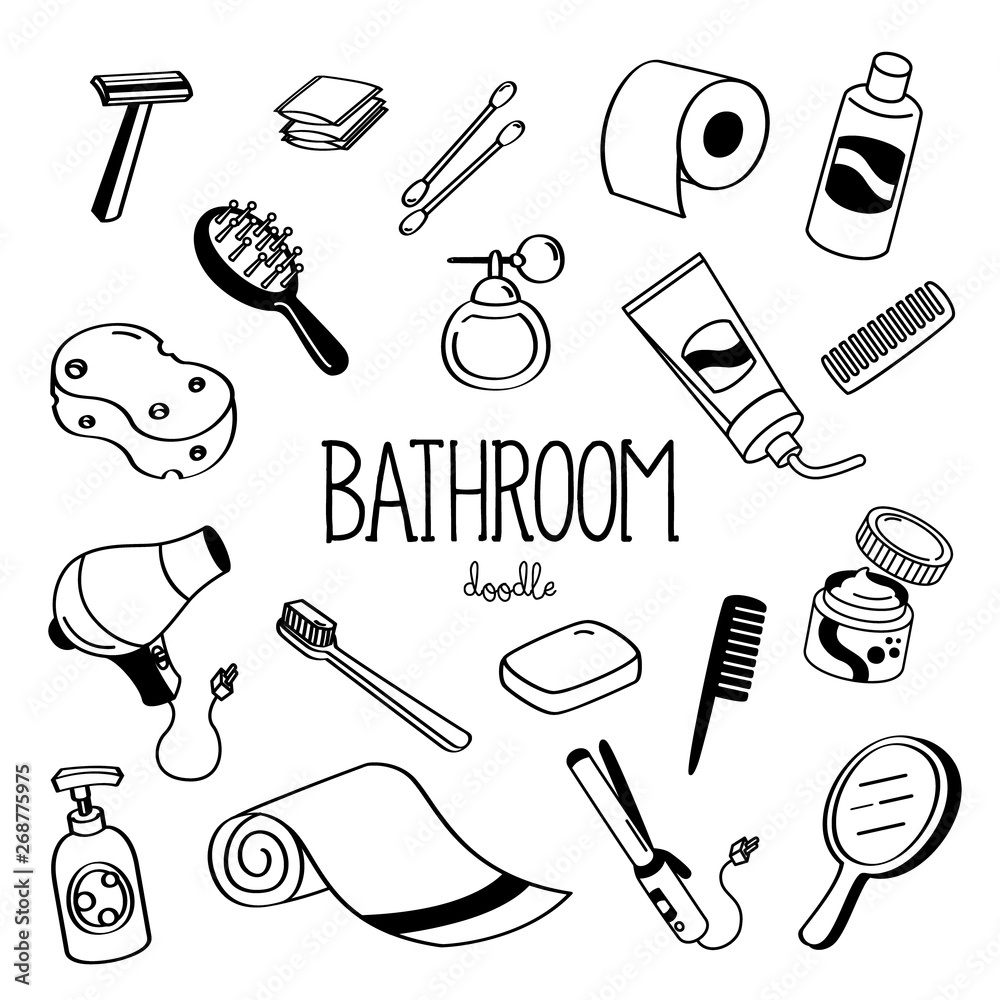 Hand drawing styles for bathroom. Bath room amenity doodle. Stock ...