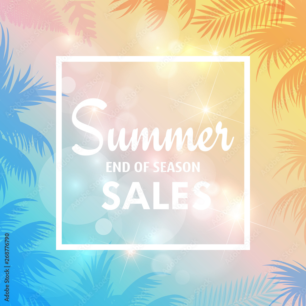 Summer sales card with palm leaves and sunshine. Vector