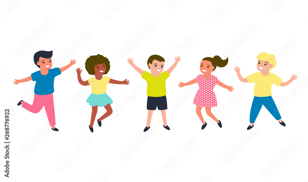Joyful children jump together. Multi-colored children's casual wear. Happy childhood of boys and girls. Isolated vector illustration on white background Joyful children jump together. Multi-colored children's casual wear. Happy childhood of boys and girls. Isolated vector illustration on white background