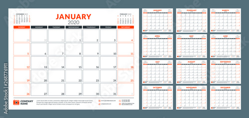 Calendar planner for 2020 year. Stationery design template. Vector illustration. Week starts on Sunday