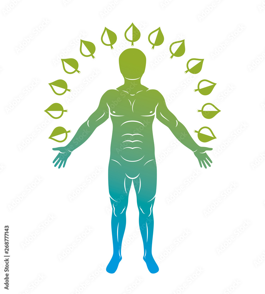 Vector illustration of human being standing on white background and made using natural green leaves. Wanderlust and countryside vacation idea, natural lifestyle. Vector illustration of human being standing on white background and made using natural green leaves. Wanderlust and countryside vacation idea, natural lifestyle.
