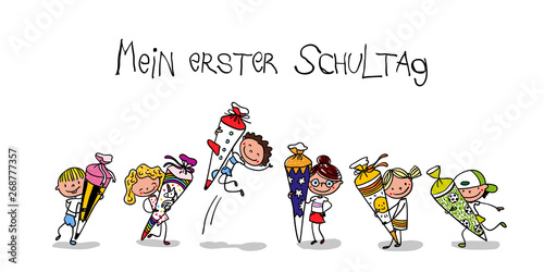 Erster Schultag - My First Day of school - Erstklässler mit Schultüte freuen sich über Einschulung bunt