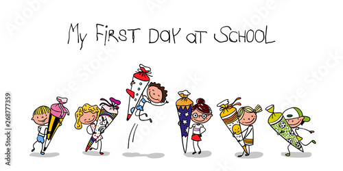 Erster Schultag - My First Day of school - Erstklässler mit Schultüte freuen sich über Einschulung bunt