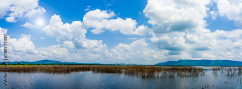 Fototapeta Naklejka Na Ścianę i Meble -  Panorama view of beautiful dam and mountains with blue sky natural background.