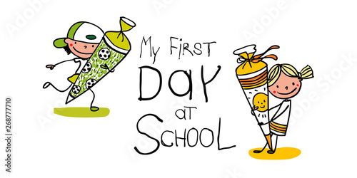 My First Day of school - Erstklässler mit Schultüte freuen sich über Einschulung