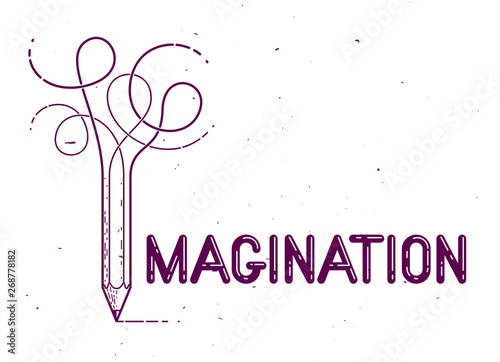 Imagination word with pencil instead of letter I, imagine and fantasy concept, vector conceptual creative logo or poster made with special font.