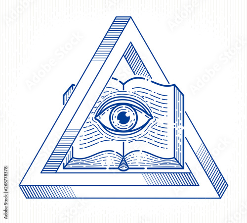 Secret knowledge vintage open book with all seeing eye of god in sacred geometry triangle, insight and enlightenment, masonry or illuminati symbol, vector logo or emblem design element.