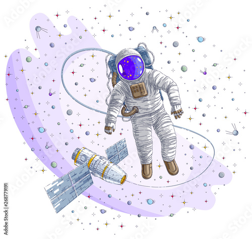 Astronaut went out into open space connected to space station, spaceman floating in weightlessness and iss spacecraft surrounded by undiscovered planets and stars. Vector illustration isolated.