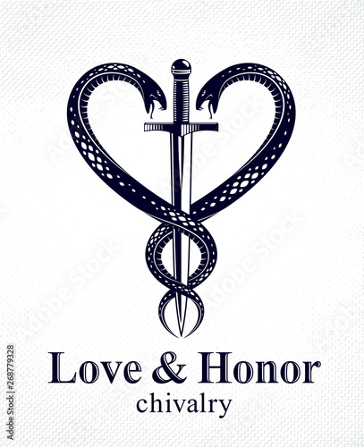 Dagger and two snakes in a shape of heart vector vintage style emblem or logo, chivalry love and honor concept, medieval Victorian style.