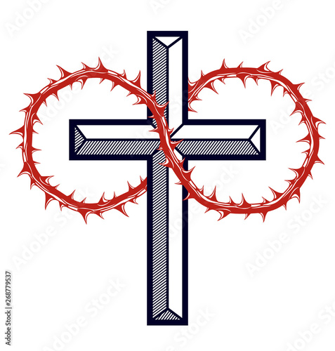 Christian cross with blackthorn thorn vector religion logo or tattoo, passion of the Christ.