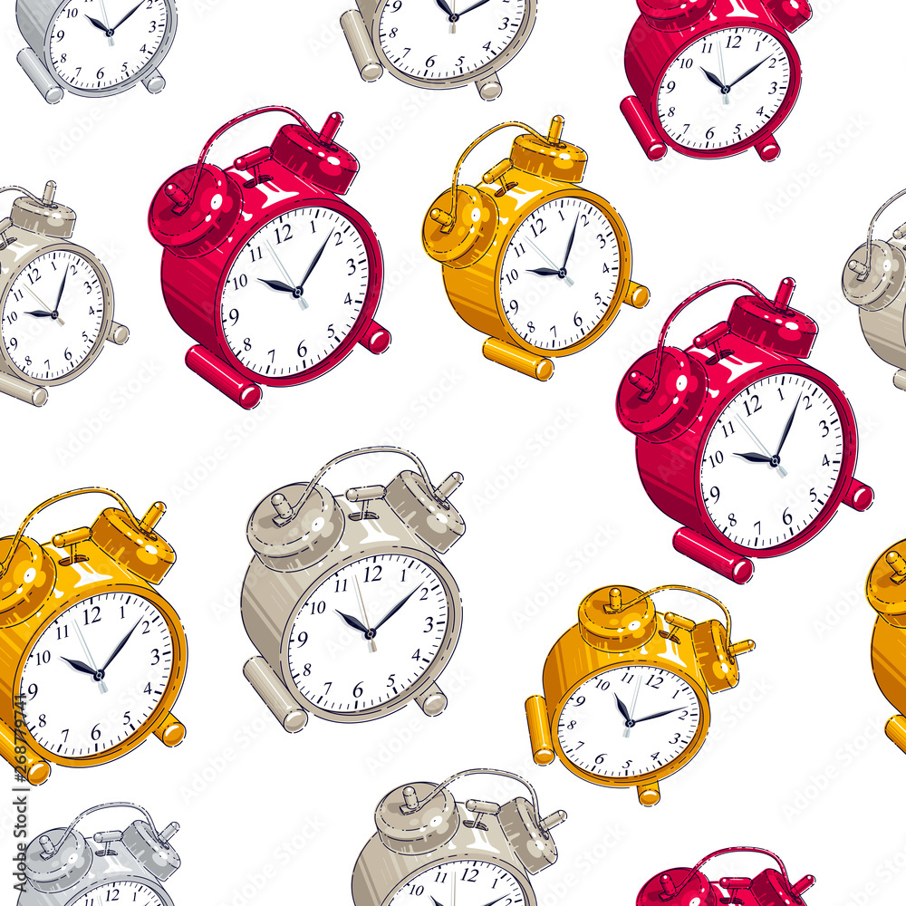 Alarm clocks seamless background, timer, deadline hurry and wake up concept, vector wallpaper or web site background. Alarm clocks seamless background, timer, deadline hurry and wake up concept, vector wallpaper or web site background.