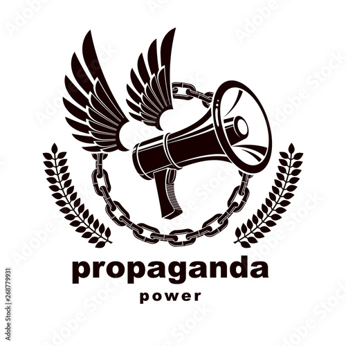 Vector winged logo composed with loudspeaker equipment surrounded by iron chain. Propaganda as the means of influence on public opinion