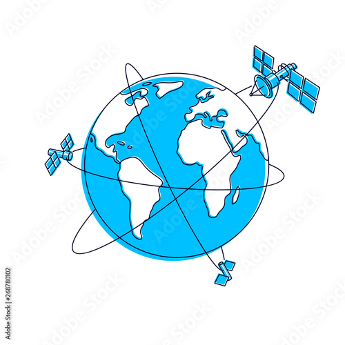 Satellites flying orbital flight around earth, communication technology spacecraft space stations with solar panels and satellite antenna plate. Thin line 3d vector illustration.