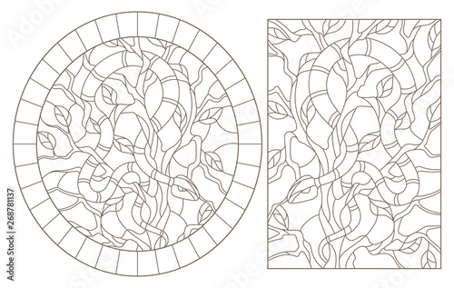 Set of contour illustrations of stained-glass windows with snakes on trees 