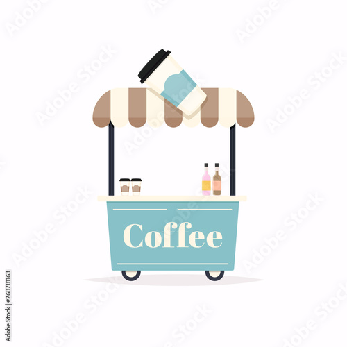Hot coffee kiosk. Street food cart. Vector Illustration.