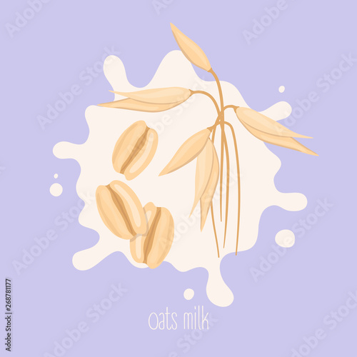 Oats milk. Cashew nut on a milk splash. Vector illustration.