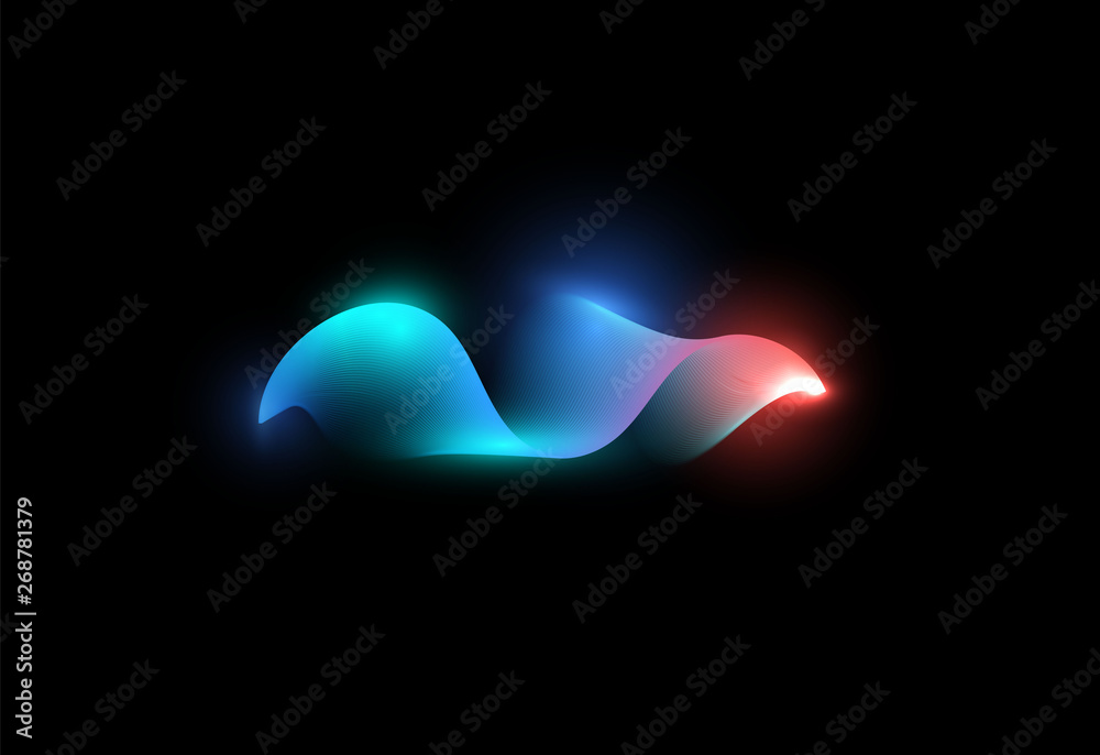 Abstract waving shape. Blue and pink color digital wave. Luminous waveform. Music flow, graphic equalizer. Isolated vector illustration on black background.