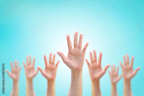 Many people women hands raising up showing vote, volunteer participation, rights equality concept..