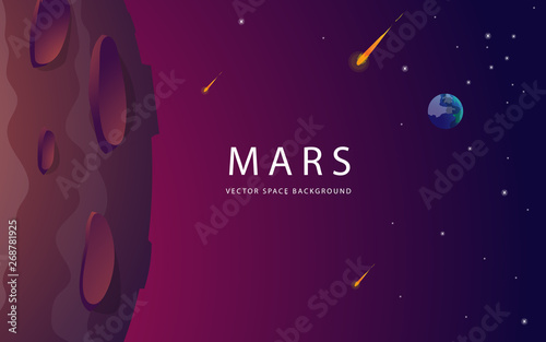 Red planet landscape vector illustration. Space background with place for text. Surface of the planet with craters. Space decoration for your design. Stars and comets on dark background