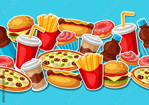 Seamless pattern with fast food meal. Tasty fastfood lunch products.