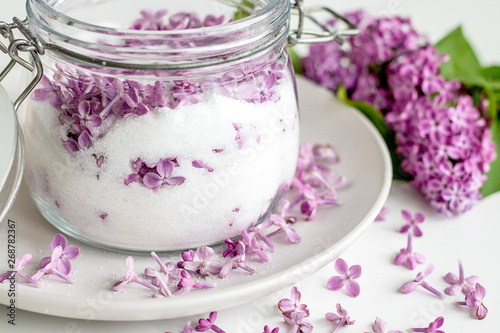 Homemade preparing of lilac sugar with amazing fragrance