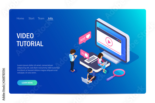 Isometric online learning concept. Video tutorials on the screen of a computer or phone. People on the background of the monitor and a large book. Can use for web banner, infographics, hero images. © shendart