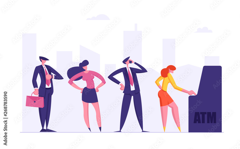 People Waiting in Queue Near ATM. Cash Machine Concept with Man and Woman Standing in Line. Financial Transaction. Vector flat illustration