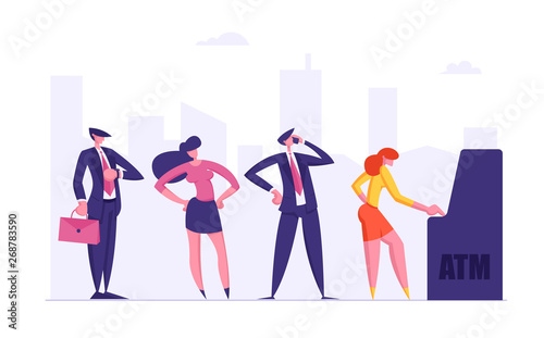 People Waiting in Queue Near ATM. Cash Machine Concept with Man and Woman Standing in Line. Financial Transaction. Vector flat illustration