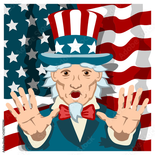 Uncle Sam with a frightened face put forward his palms against the American flag