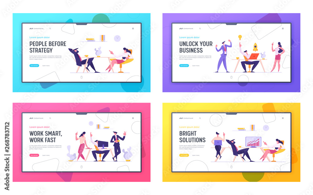 Business Meeting Concept Landing Page. Businessmen Talking on Coffee Break. Colleagues Characters Communicating Brainstorming, Discussion Idea Website Banner. Vector flat cartoon illustration