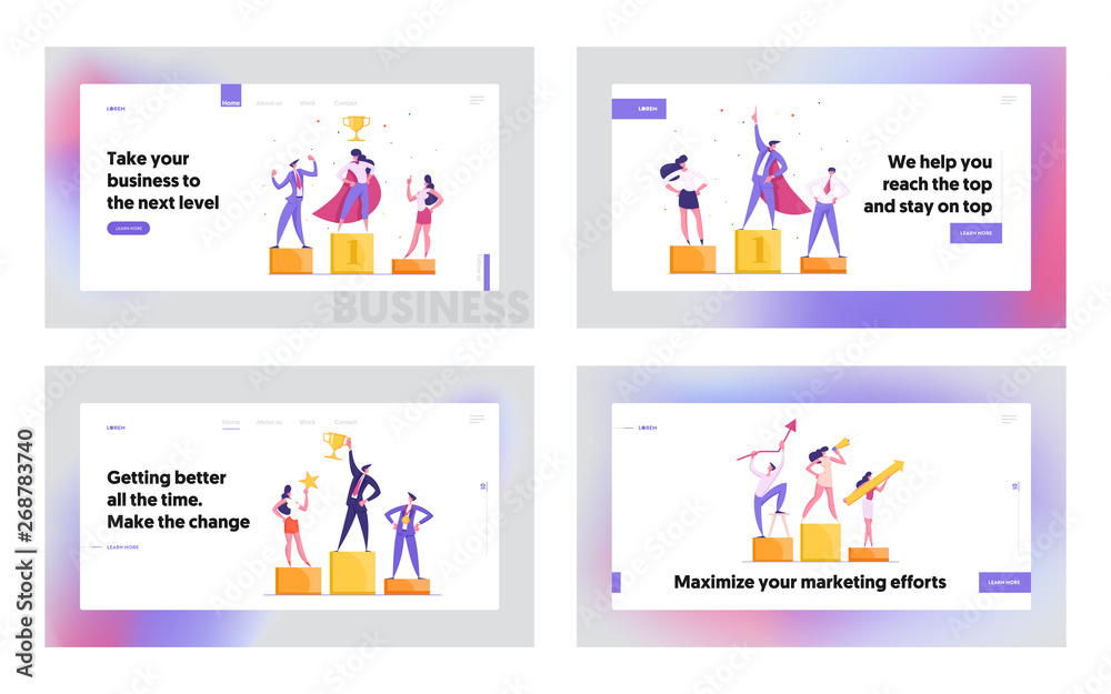 Naklejka Happy Businessmen Standing on the Podium Landing Page. Super Businesswoman with Golden Trophy. Teamwork, Career, Goal Achievement Concept Banner with Successful Characters. Vector flat illustration