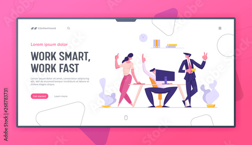 Teamwork Concept Banner with Group of Smiling Business People Characters. Team Working Together on New Project, Brainstorming Creative Idea Landing Page Web. Vector flat cartoon illustration