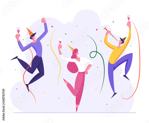 Happy Business People Party Celebration. Cheerful Man and Woman Characters Celebrating New Year, Christmas, Birthday with Confetti and Champagne Glass. Vector flat illustration
