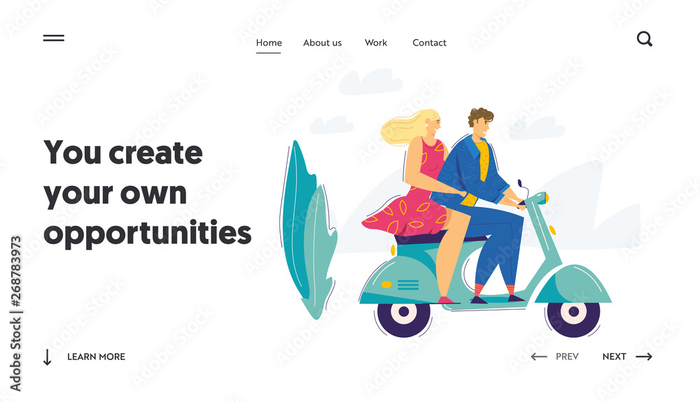 Happy Couple Riding Scooter Landing Page Template. Smiling Male and Female Characters Driving Motorbike. Urban Transportation Concept Website Banner. Vector flat cartoon illustration Happy Couple Riding Scooter Landing Page Template. Smiling Male and Female Characters Driving Motorbike. Urban Transportation Concept Website Banner. Vector flat cartoon illustration