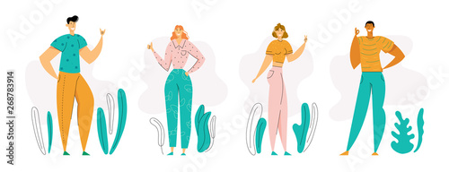 Happy Young Man Showing Gesture Rock and Okay. Girl Gesturing Thumb Up and Victory Sign with Fingers. Male and Female Characters with Positive Face Expression. Vector flat illustration