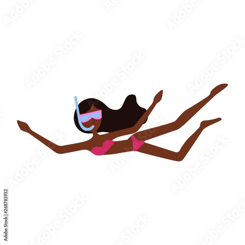African American girl swims in a mask