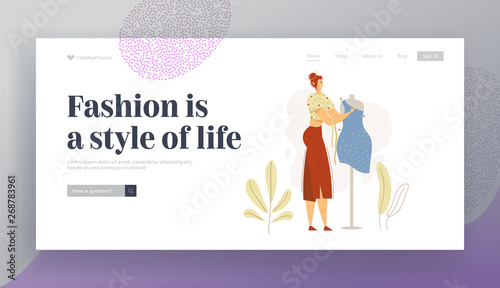Dressmaker Character Working on Mannequin Landing Page Banner. Woman Fashion Designer at Work. Tailor Seamstress Workshop with Sewing Equipment Website. Vector flat cartoon illustration