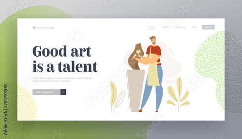 Smiling Man Sculptor Working in Studio Landing Page. Carver Profession Concept with Male Character with Tool Sculpting Workshop Website Banner. Vector flat cartoon illustration