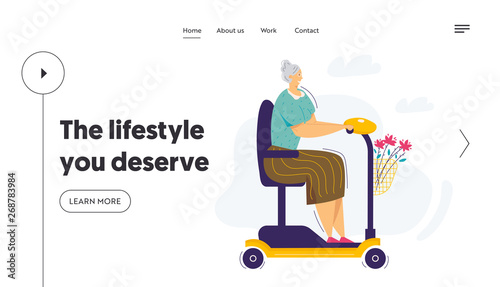Old Woman Riding Scooter Landing Page Template. Senior Female Character Rides on Electric Wheelchair. Grandmother Elderly Woman Driving Scooter Website Banner. Vector flat illustration