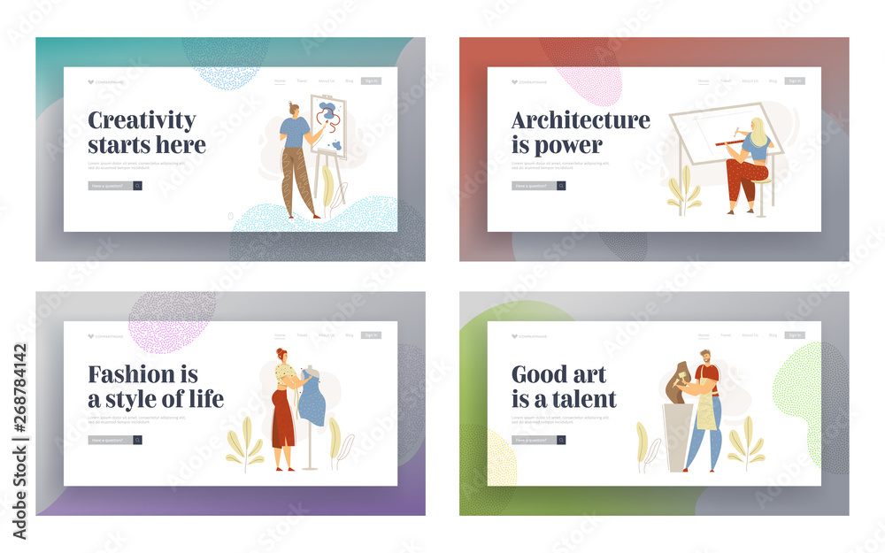 Smiling Man Sculptor Working in Studio Landing Page. Woman Character with Fashion Designer. Guy Painting with Brush. Architect Engineering Website Banner. Vector flat cartoon illustration Smiling Man Sculptor Working in Studio Landing Page. Woman Character with Fashion Designer. Guy Painting with Brush. Architect Engineering Website Banner. Vector flat cartoon illustration