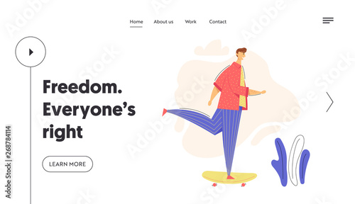 Male Character on Longboard Landing Page. Young Man Riding Skateboard. Outdoor Sport Leisure Skateboarding Concept with Happy Teenager Banner Website. Vector flat cartoon illustration