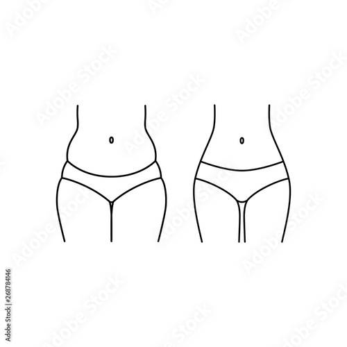 Female body before and after, fat and slim. Woman body, thighs and tummy weigh loss vector icon. Thin line, fully editable stroke.