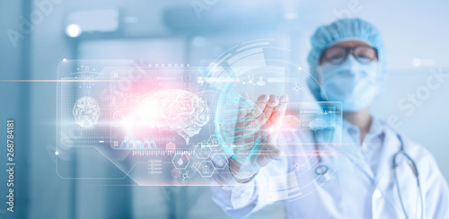  Doctor, surgeon analyzing patient brain testing result and human anatomy, dna on technological digital futuristic interface, digital holographic, innovative in medical, science and medicine concept.
