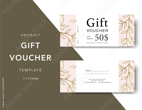 Gift voucher card template. Modern discount coupon for shopping with gold floral pattern. Modern fashion background design with information sample text. Coupon template for gift and shopping.