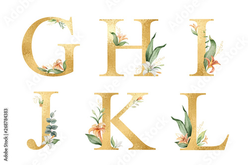 Golden vector glitter alphabet with watercolor flowers.