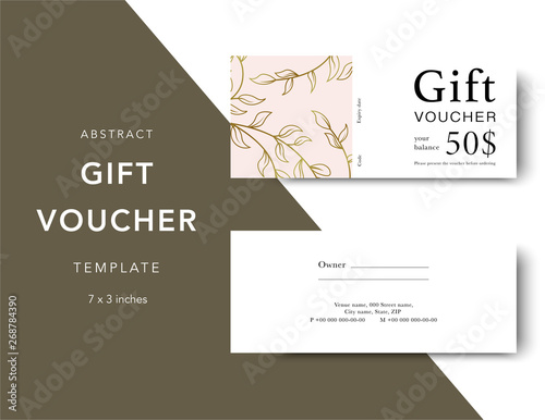 Gift voucher card template. Modern discount coupon for shopping with gold floral pattern. Modern fashion background design with information sample text. Coupon template for gift and shopping.