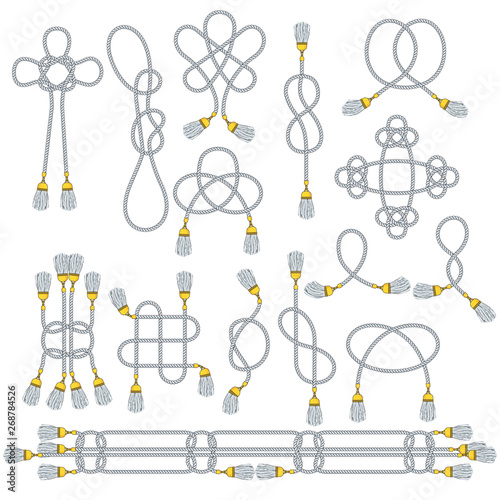 Cord with tassels tied into a woven knot.