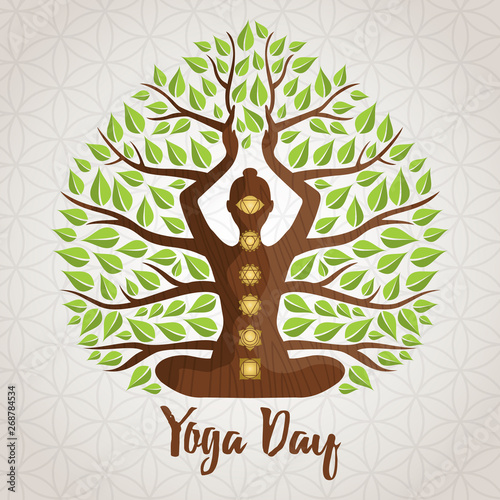 Yoga Day greeting card of woman lotus pose tree