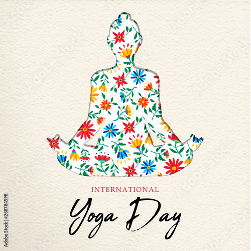 Floral yoga day card of girl doing meditation